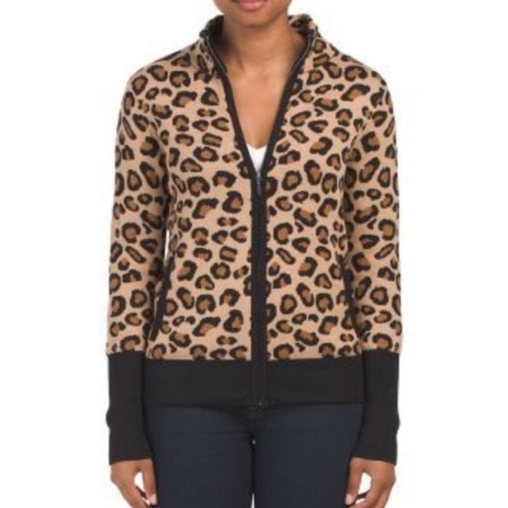 Rachel Zoe Leopard Print Zip Up Cotton Blend Sweater Jacket XS